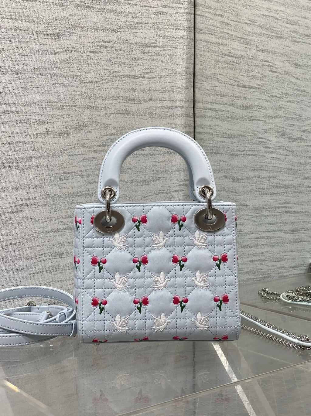 Qixi Mini Lady Dior Bag with Chain, M0505 Cannage Lambskin Blue