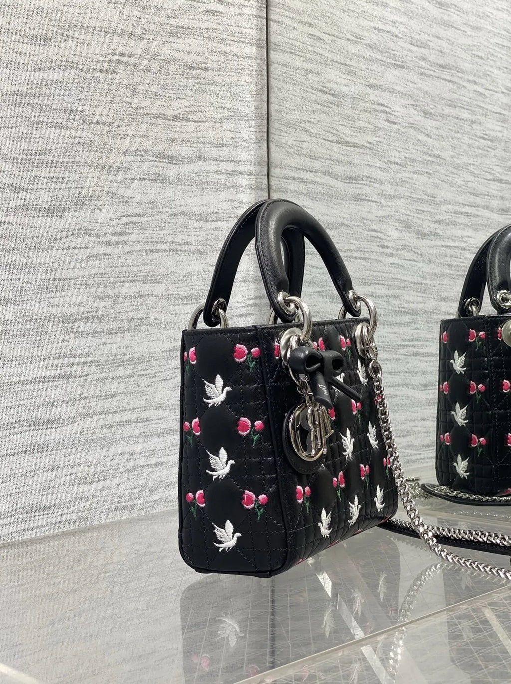 Qixi Mini Lady Dior Bag with Chain, M0505 Cannage Lambskin Black
