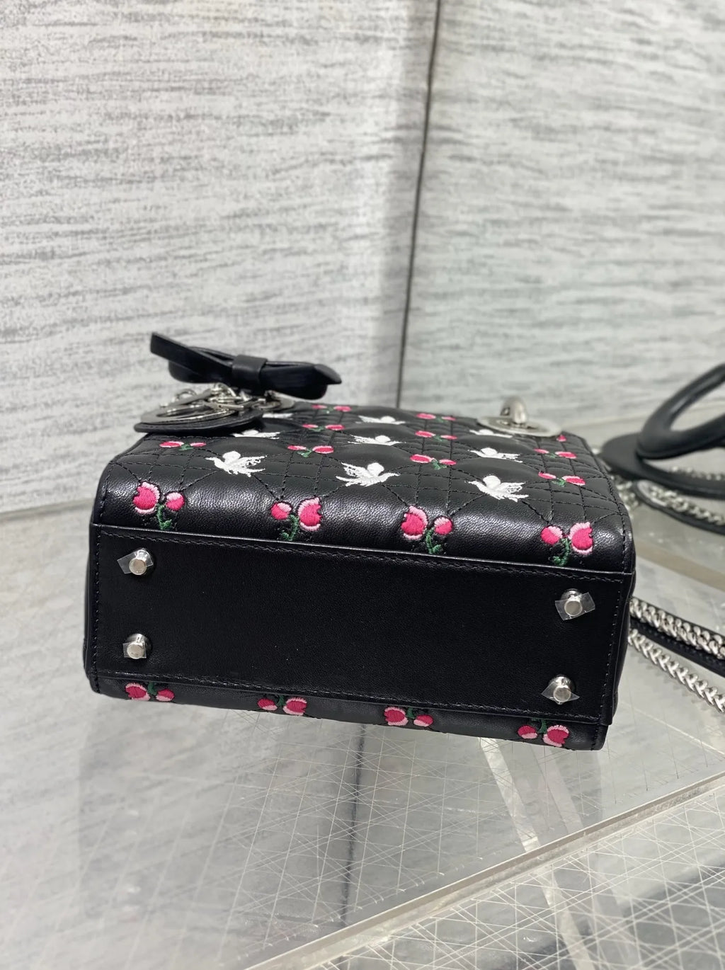 Qixi Mini Lady Dior Bag with Chain, M0505 Cannage Lambskin Black