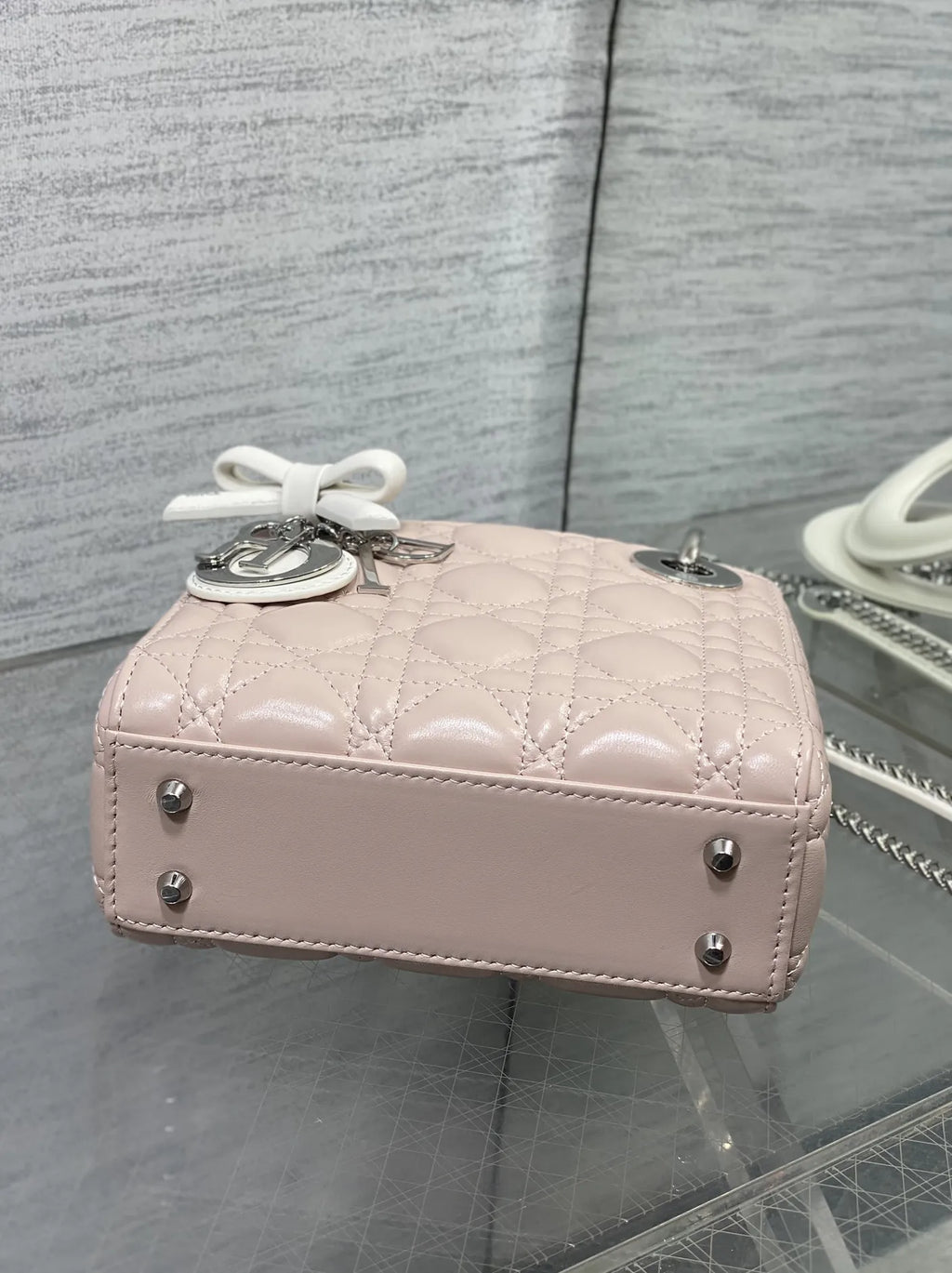 Qixi Mini Lady Dior Bag with Chain, M0505 Pink and White Cannage Lambskin