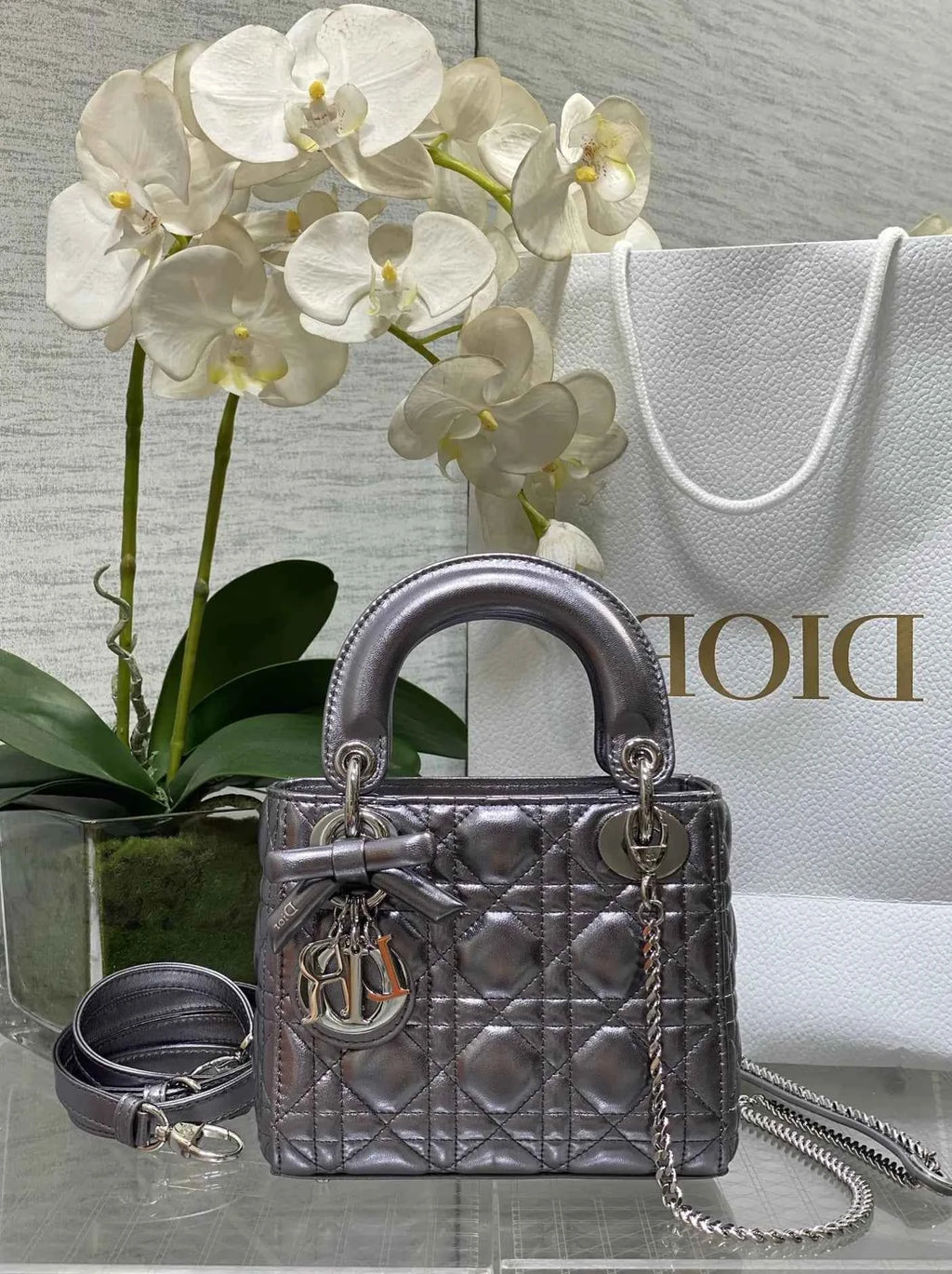 Qixi Mini Lady Dior Bag with Chain, M0505 Silver Gray Cannage Lambskin