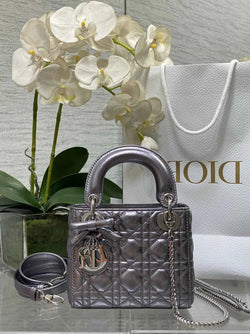 Qixi Mini Lady Dior Bag with Chain, M0505 Silver Gray Cannage Lambskin