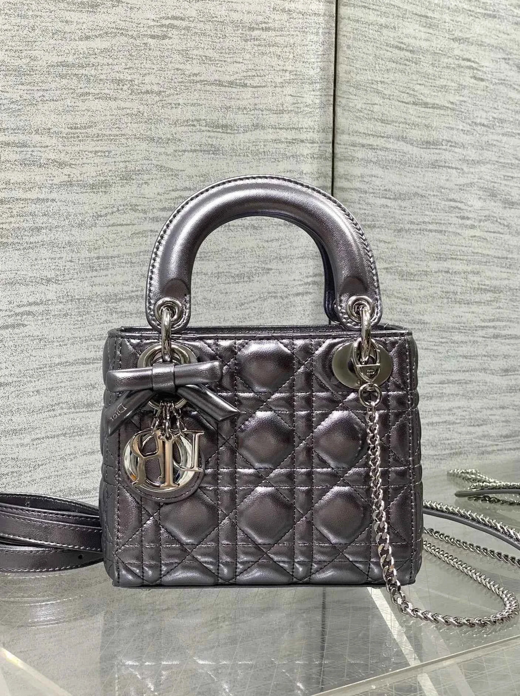 Qixi Mini Lady Dior Bag with Chain, M0505 Silver Gray Cannage Lambskin