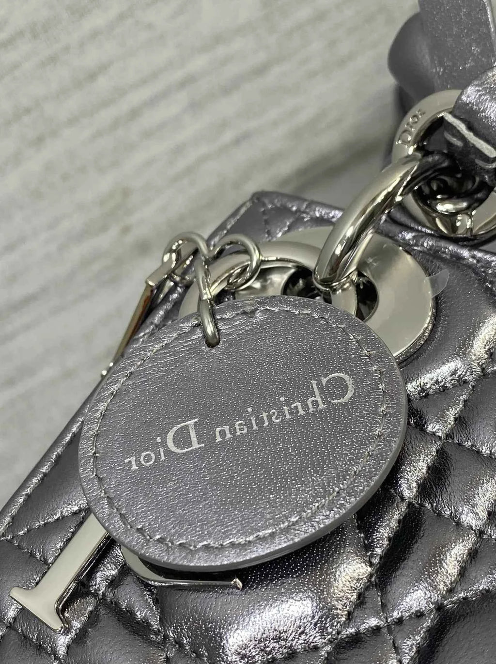 Qixi Mini Lady Dior Bag with Chain, M0505 Silver Gray Cannage Lambskin