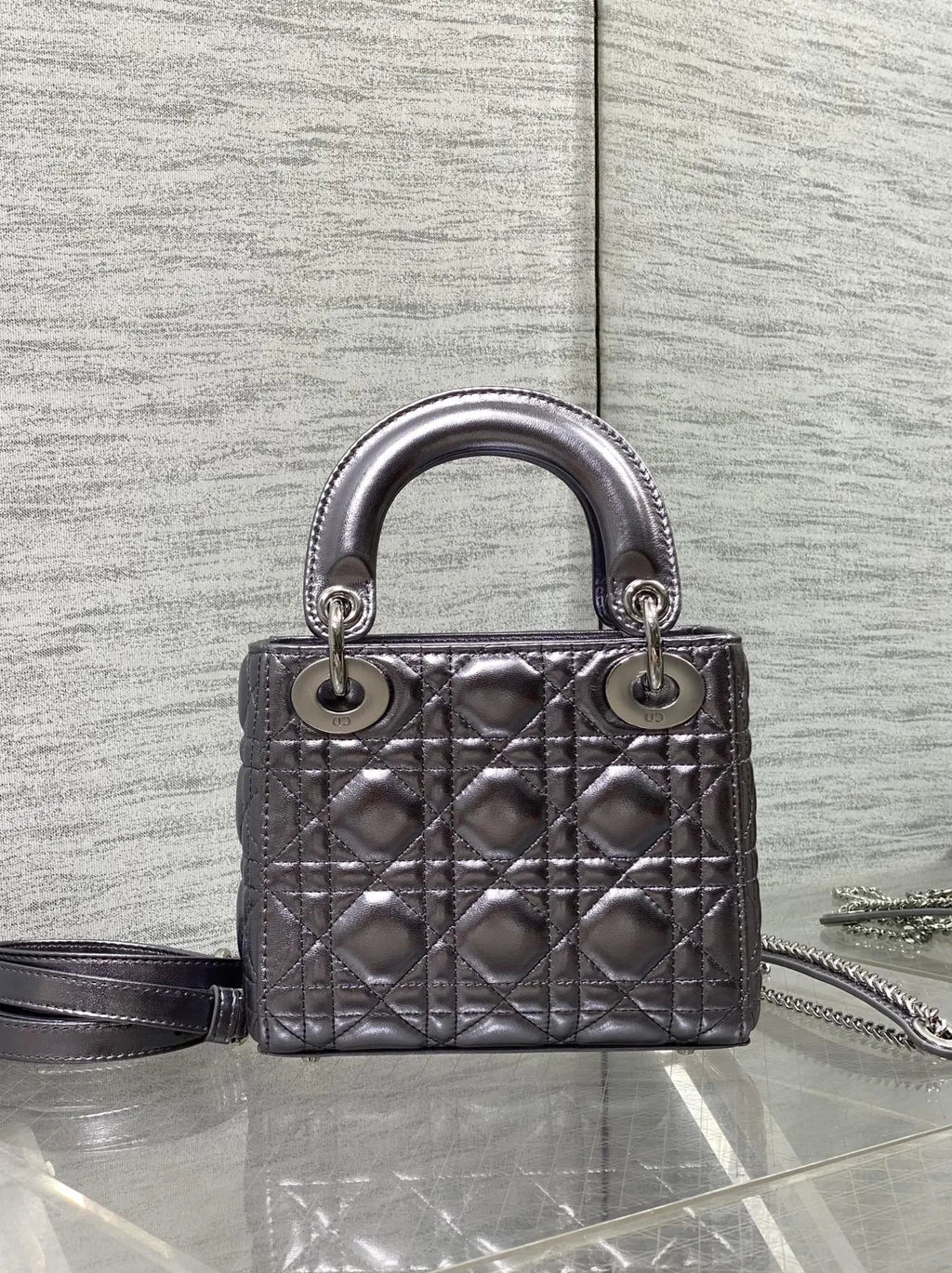 Qixi Mini Lady Dior Bag with Chain, M0505 Silver Gray Cannage Lambskin