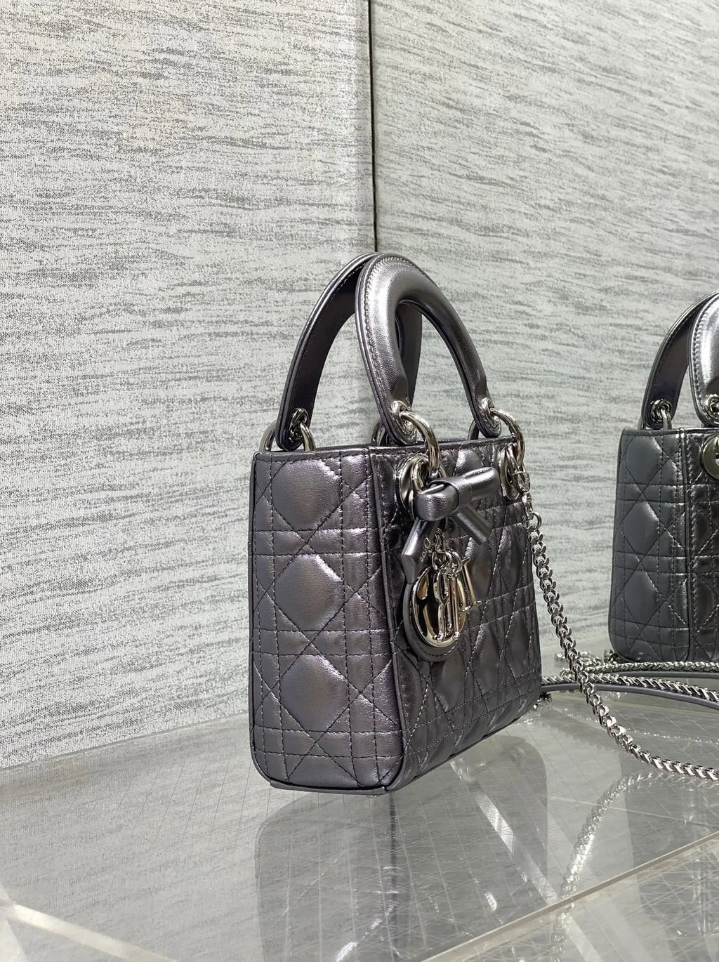 Qixi Mini Lady Dior Bag with Chain, M0505 Silver Gray Cannage Lambskin