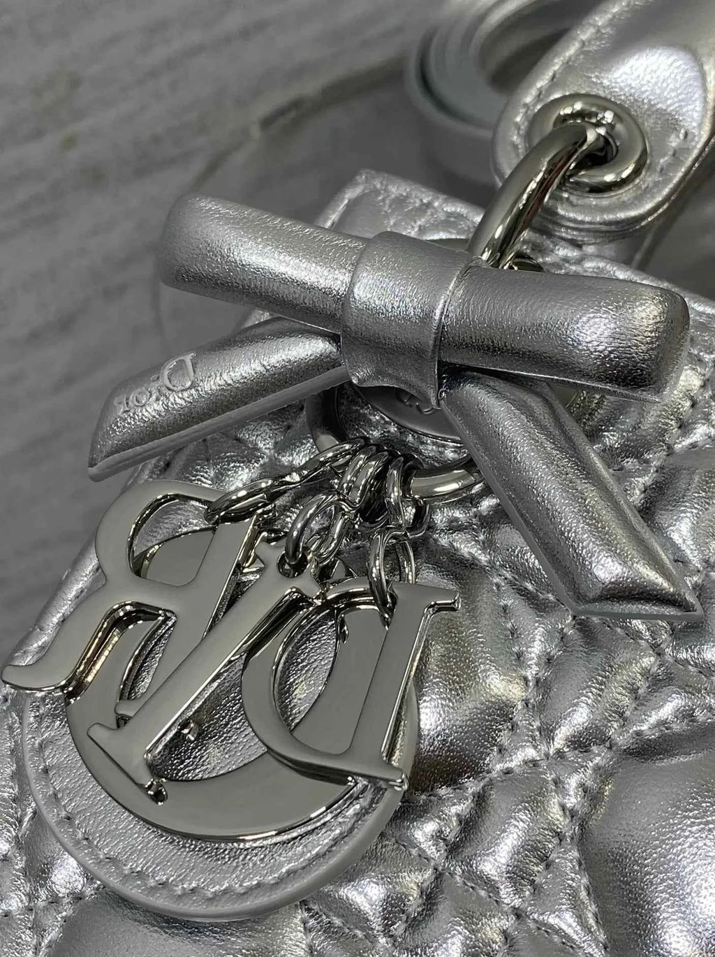 Qixi Mini Lady Dior Bag with Chain, M0505 Silver Cannage Lambskin
