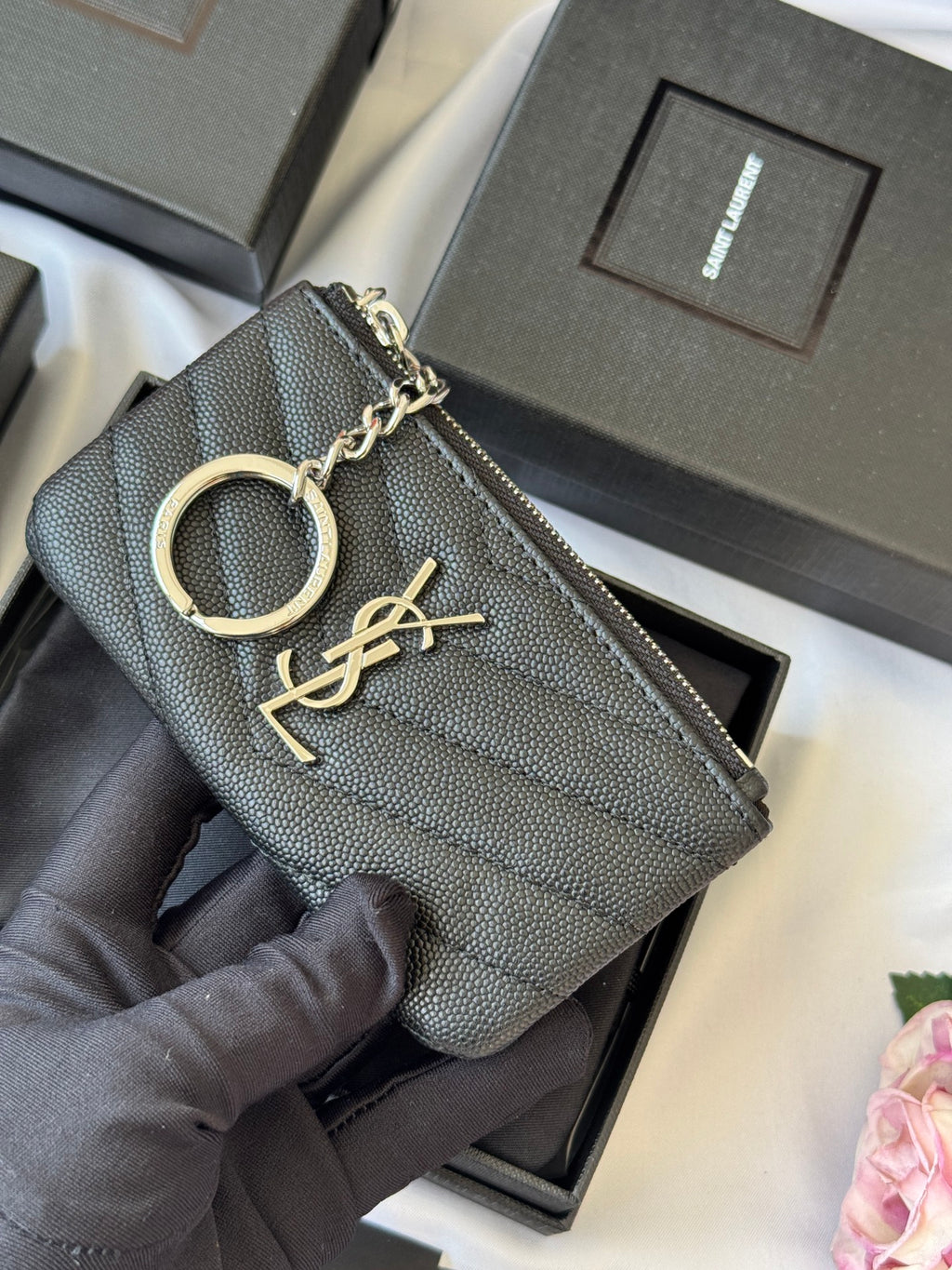 YSL cassandre matelassé key pouch IN Calfskin Leather 438386 Black Silver - Default Title - View 6