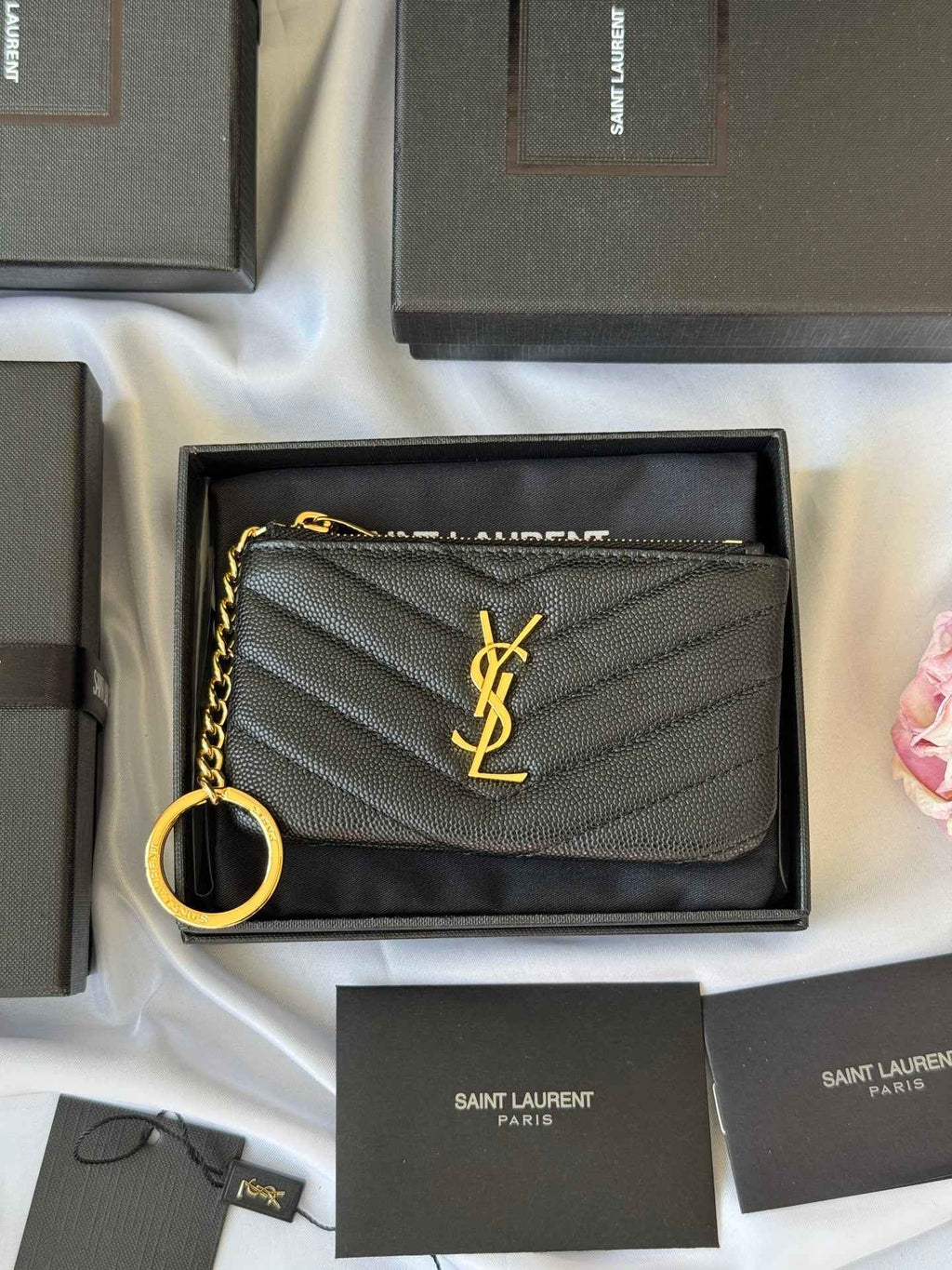 YSL cassandre matelassé key pouch IN Calfskin Leather 438386 Black Gold - Default Title - View 1
