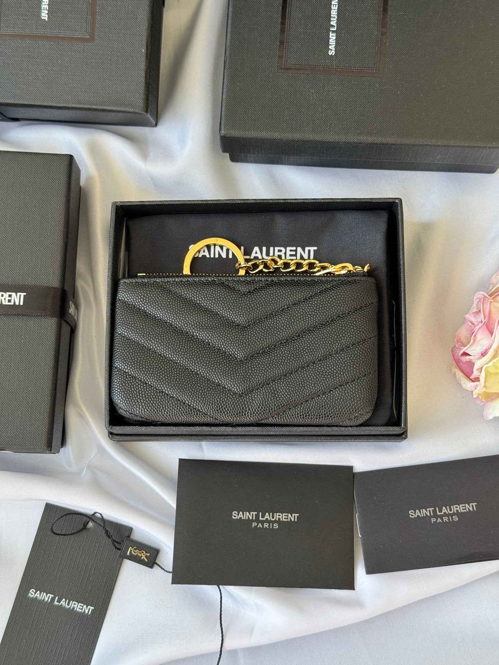 YSL cassandre matelassé key pouch IN Calfskin Leather 438386 Black Gold - Default Title - View 2