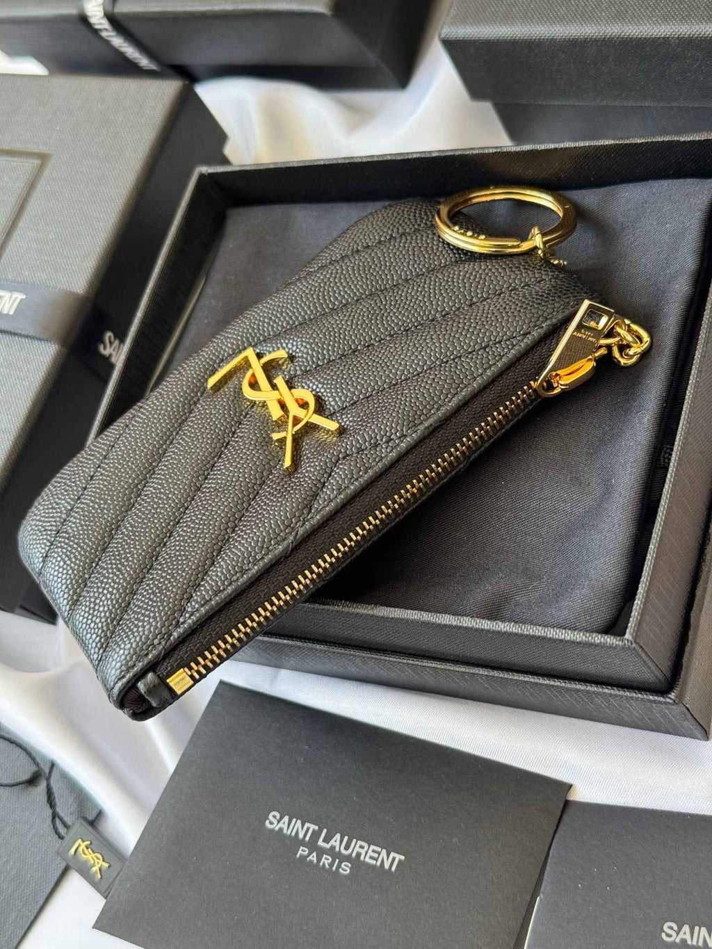 YSL cassandre matelassé key pouch IN Calfskin Leather 438386 Black Gold - Default Title - View 3