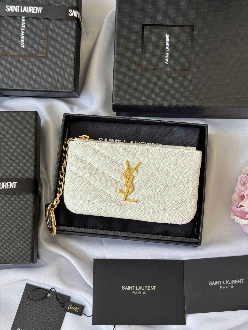 YSL cassandre matelassé key pouch IN Calfskin Leather 438386 White - Default Title - View 1