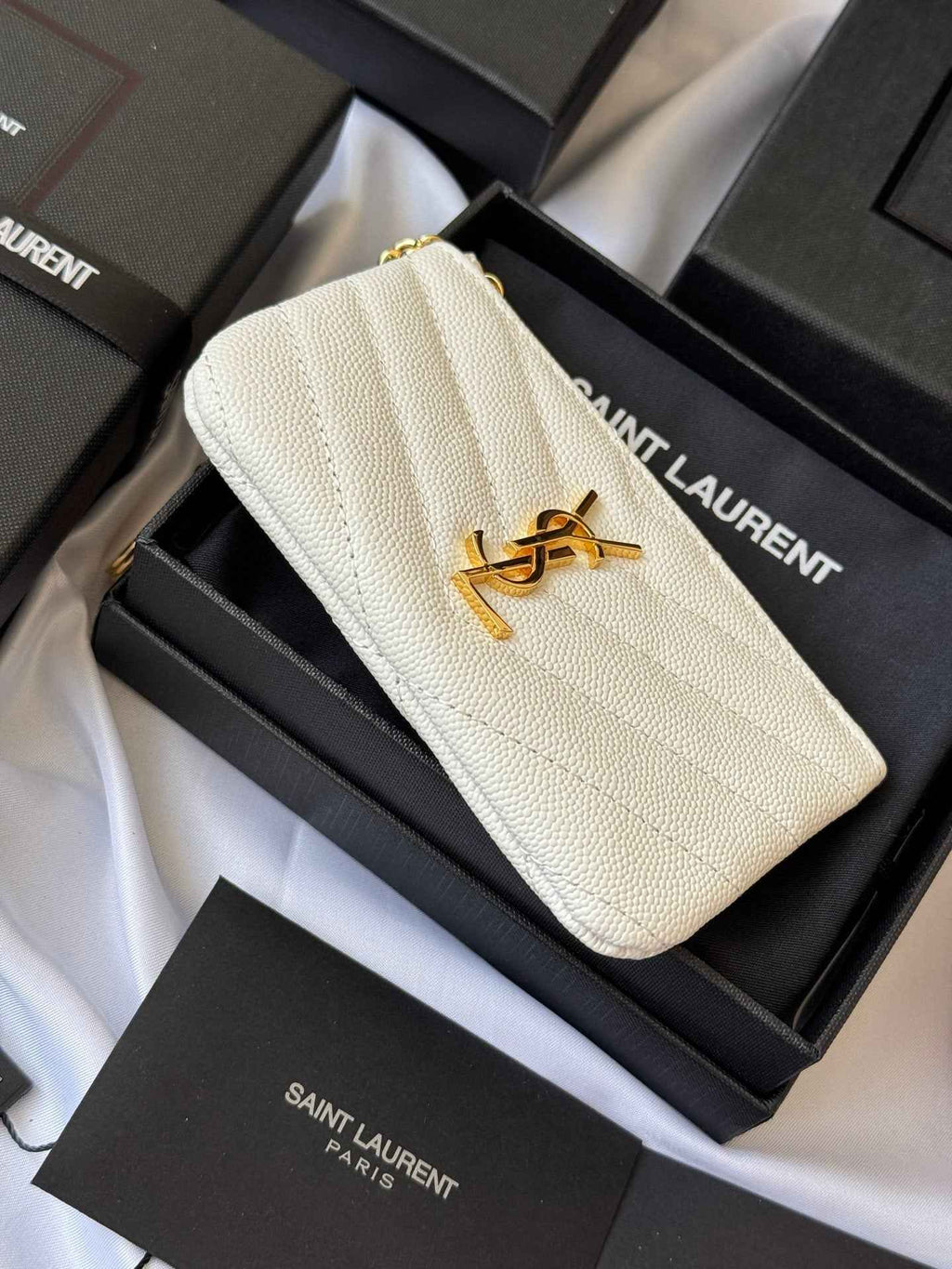 YSL cassandre matelassé key pouch IN Calfskin Leather 438386 White - Default Title - View 4