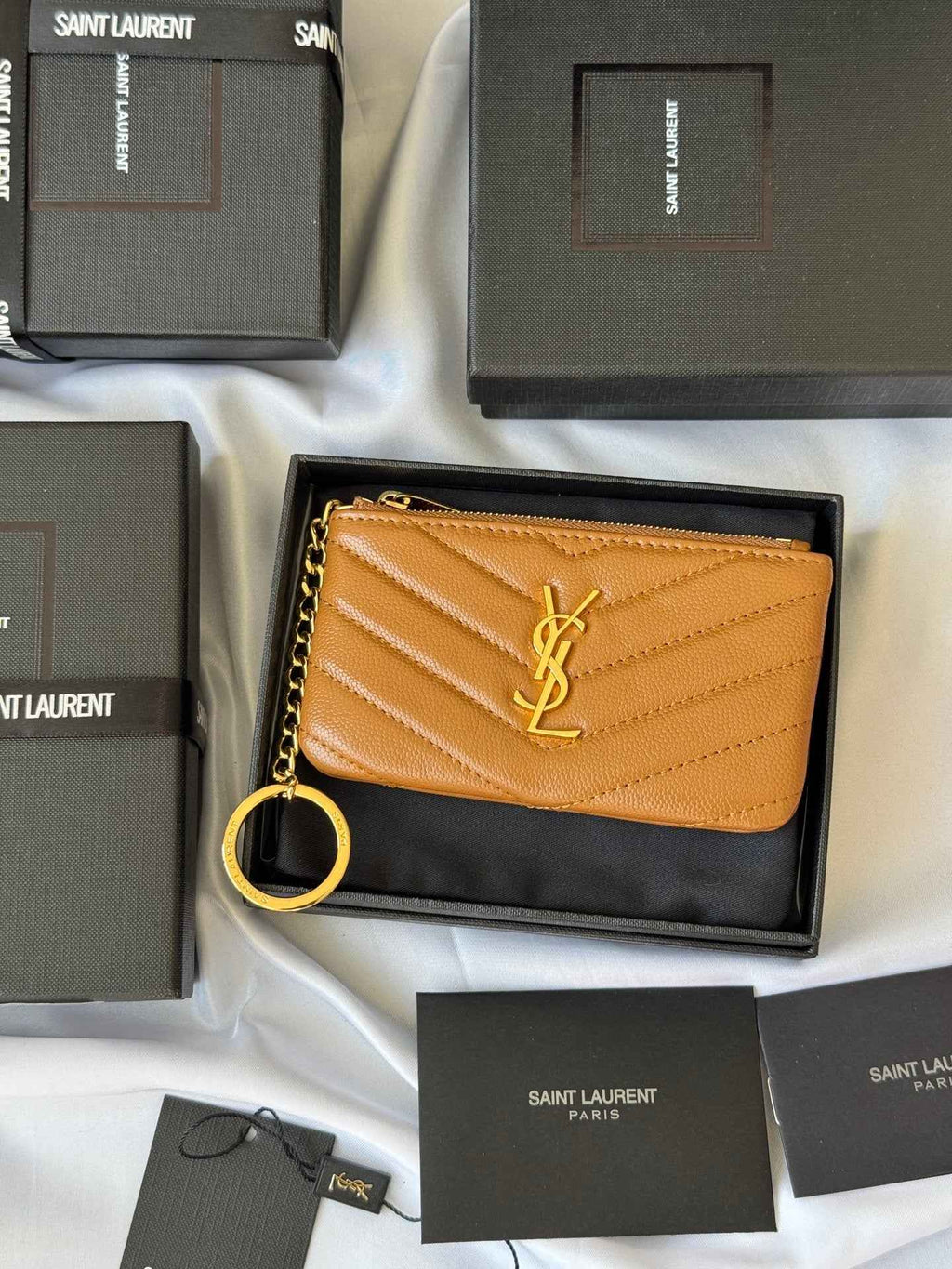 YSL cassandre matelassé key pouch IN Calfskin Leather 438386 Brown - Default Title - View 1