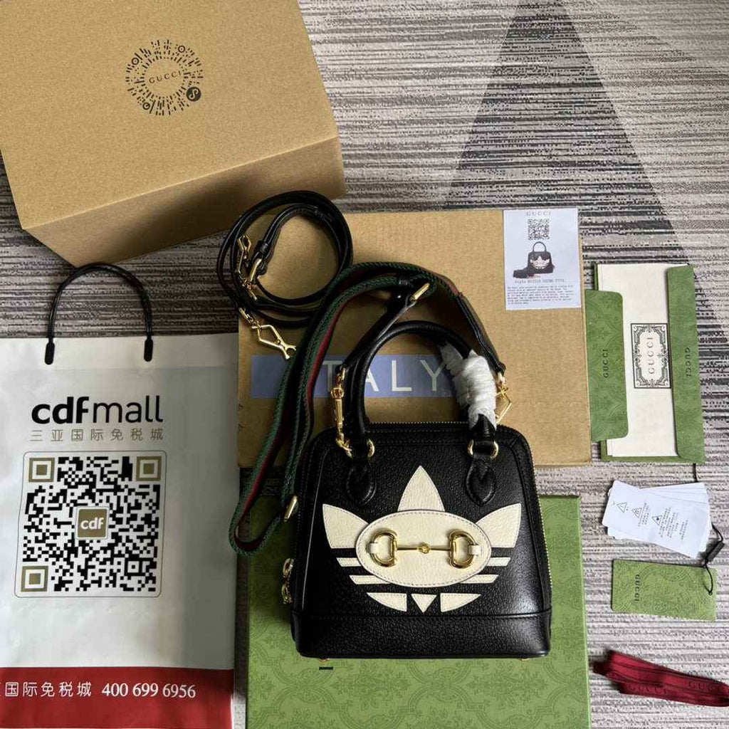 adidas x Gucci 677212 Horsebit 1955 mini bag Black and white leather