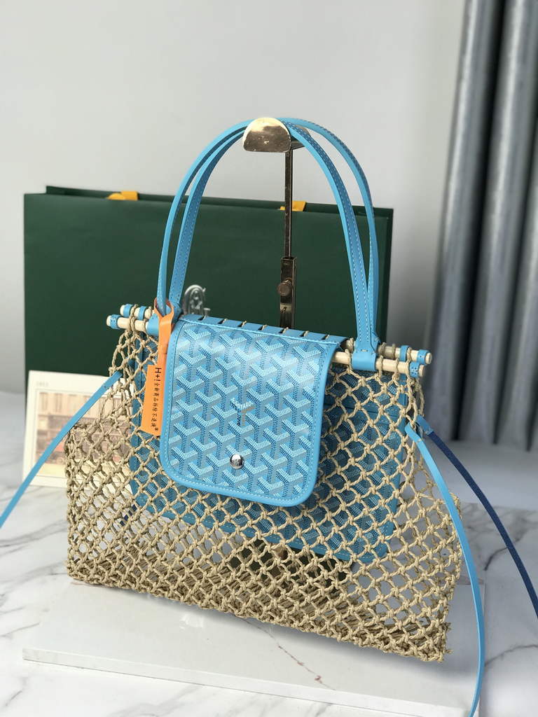 Goyard Aligre Bag, GY120182 Raffia Light Blue Leather