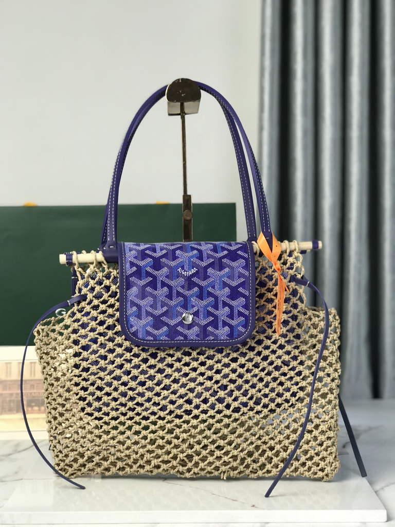 Goyard Aligre Bag, GY120182 Raffia Blue Leather