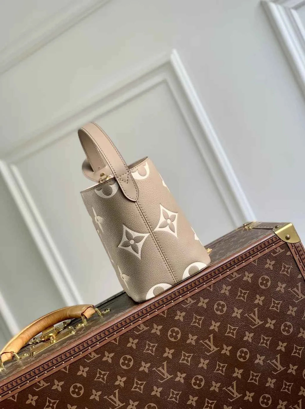 Louis Vuitton All In BB, M13045 Taupe Gray Cream White Leather