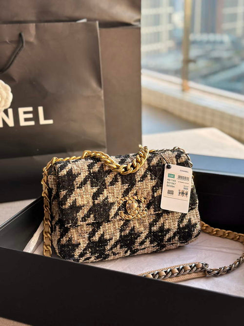 Chanel 19 handbags AS1160 Cotton Tweed black apricot