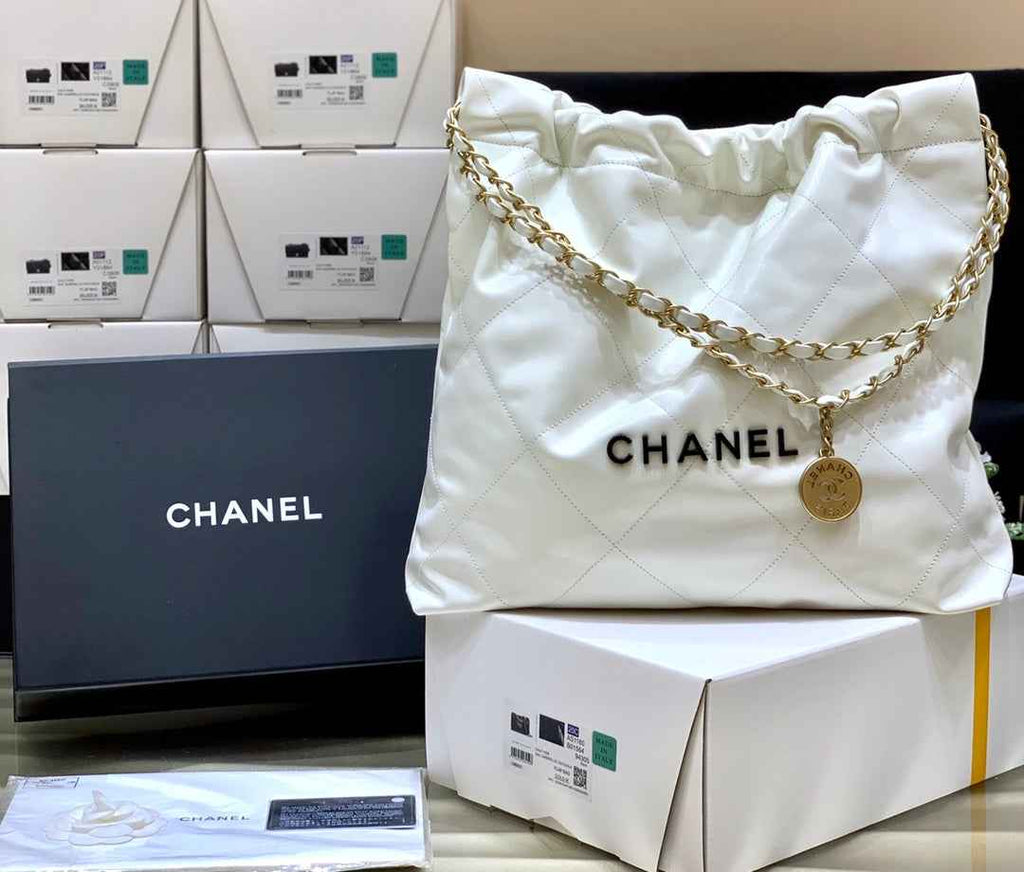 Chanel 22 Bag AS3261 White Shiny Calfskin Gold-Tone Metal Black Logo