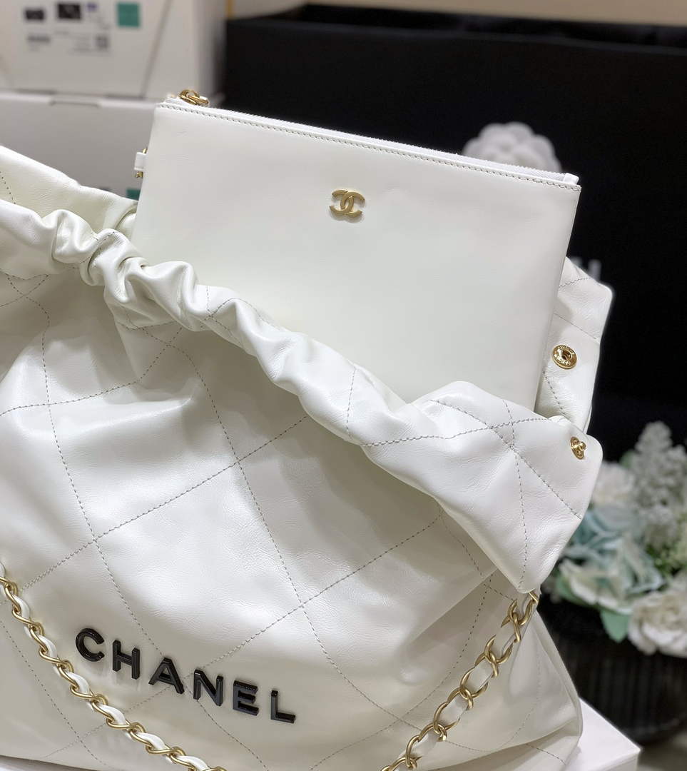 Chanel 22 Bag AS3261 White Shiny Calfskin Gold-Tone Metal Black Logo