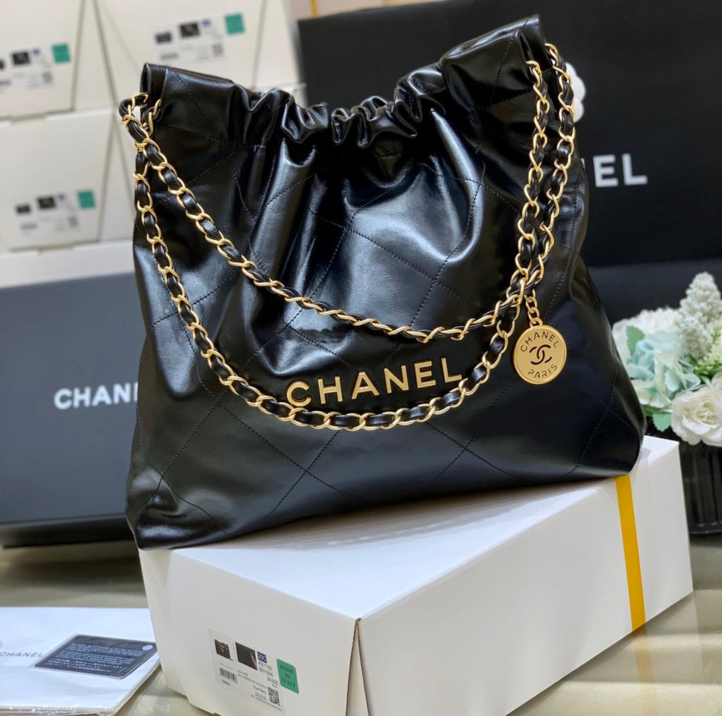 Chanel 22 Bag AS3261 Black Shiny Calfskin Gold-Tone Metal