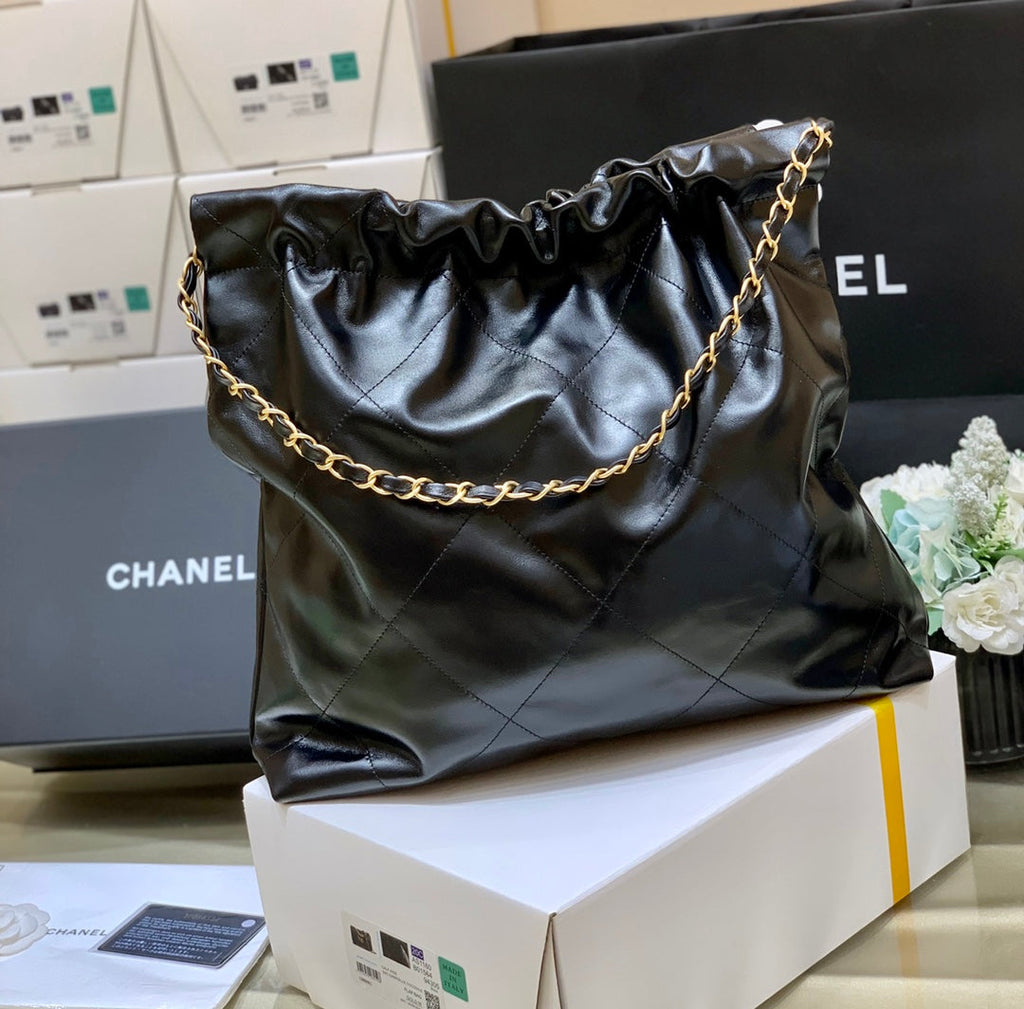 Chanel 22 Bag AS3261 Black Shiny Calfskin Gold-Tone Metal