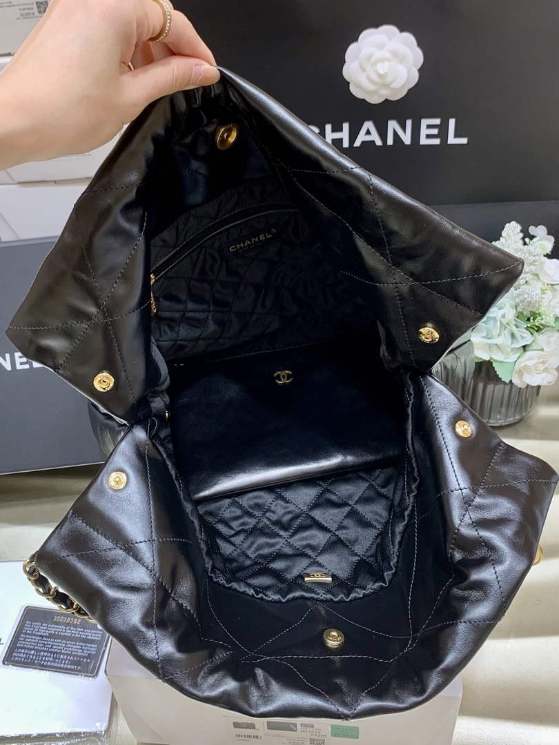 Chanel 22 Bag AS3261 Black Shiny Calfskin Gold-Tone Metal