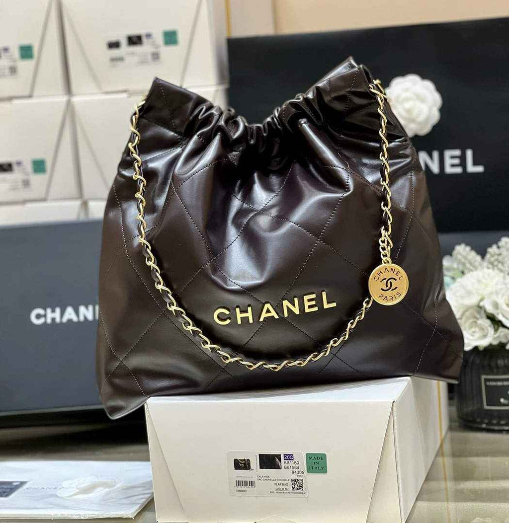 Chanel 22 Bag AS3261 Coffee Shiny Calfskin Gold-Tone Metal