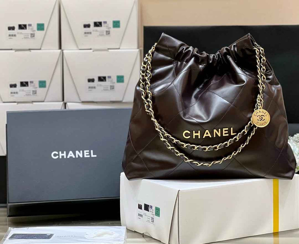 Chanel 22 Bag AS3261 Coffee Shiny Calfskin Gold-Tone Metal