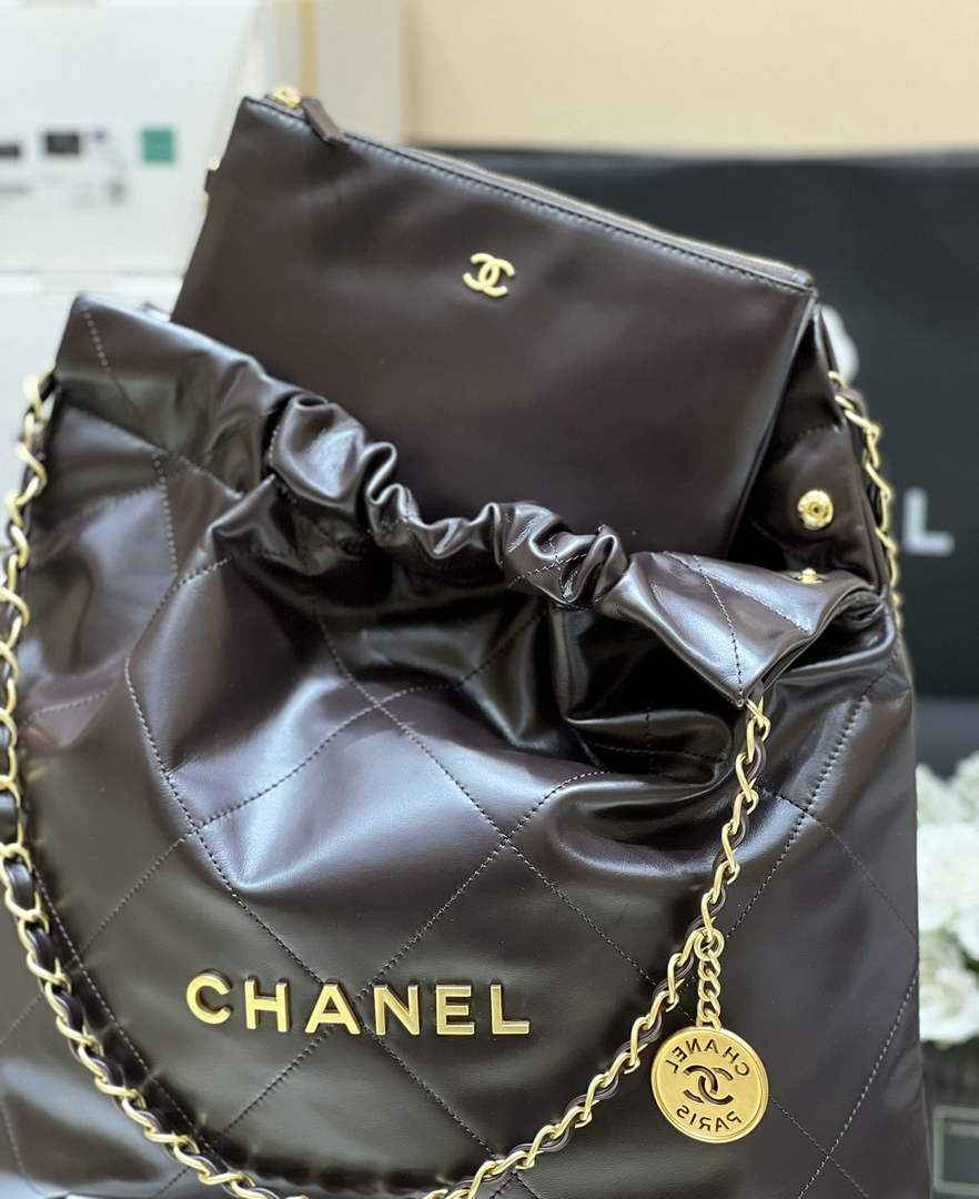 Chanel 22 Bag AS3261 Coffee Shiny Calfskin Gold-Tone Metal