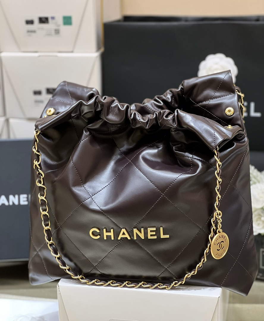 Chanel 22 Bag AS3261 Coffee Shiny Calfskin Gold-Tone Metal