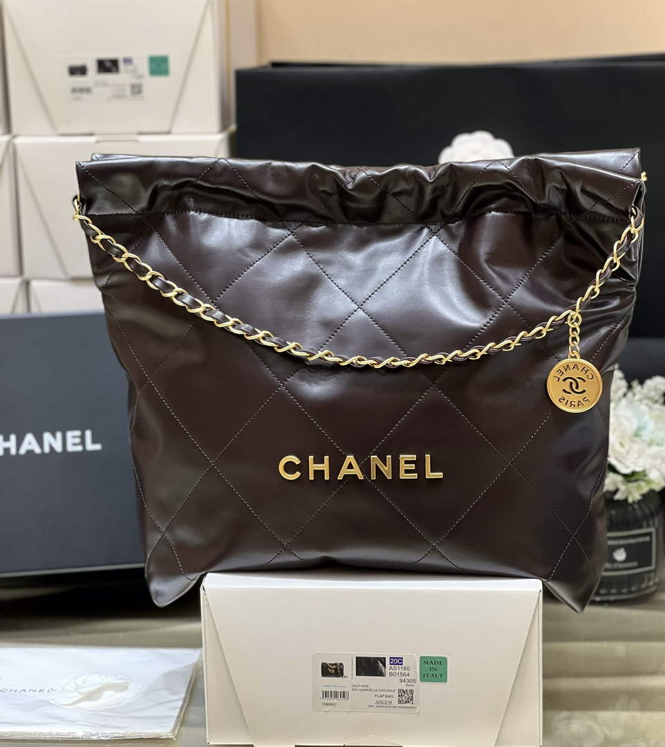 Chanel 22 Bag AS3261 Coffee Shiny Calfskin Gold-Tone Metal