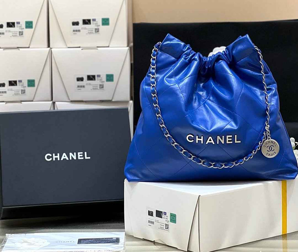Chanel 22 Bag AS3261 Blue Shiny Calfskin Silver-Tone Metal