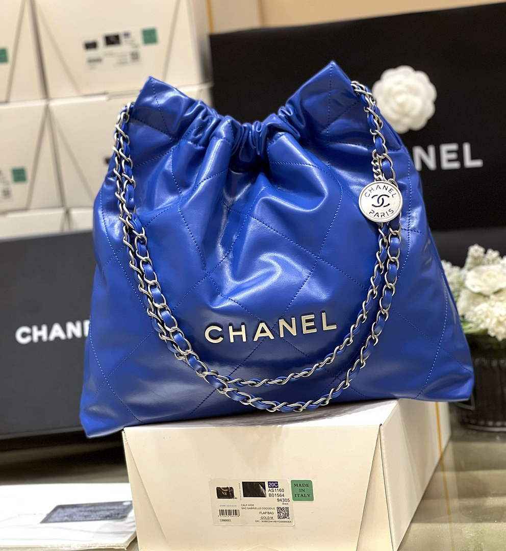 Chanel 22 Bag AS3261 Blue Shiny Calfskin Silver-Tone Metal