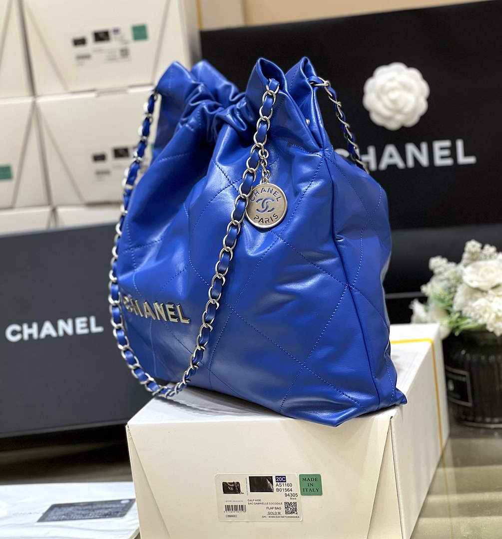 Chanel 22 Bag AS3261 Blue Shiny Calfskin Silver-Tone Metal