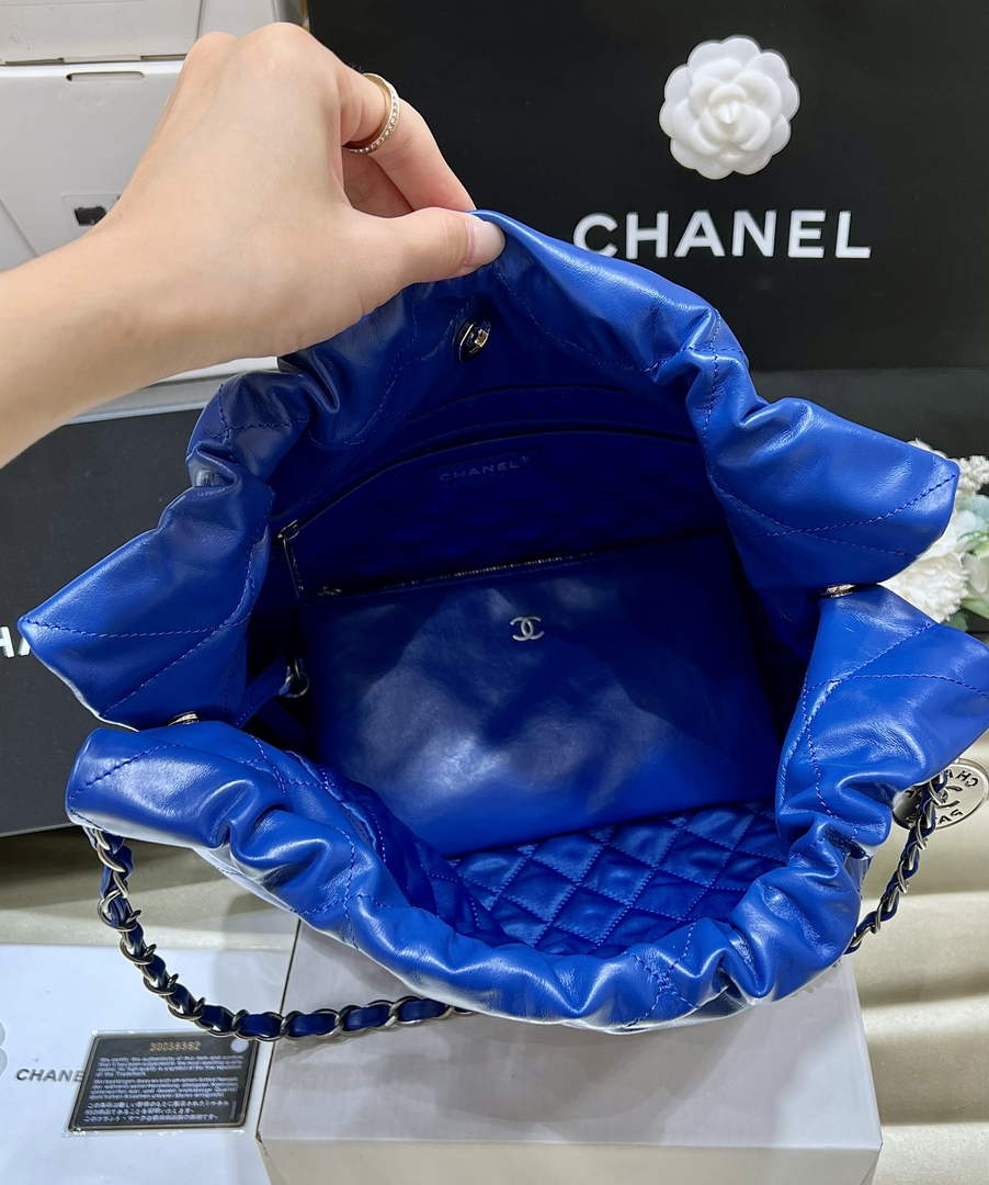 Chanel 22 Bag AS3261 Blue Shiny Calfskin Silver-Tone Metal