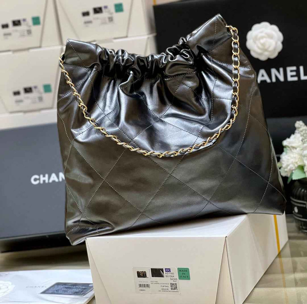 Chanel 22 Bag AS3261 Silver Gray Shiny Calfskin Gold-Tone Metal