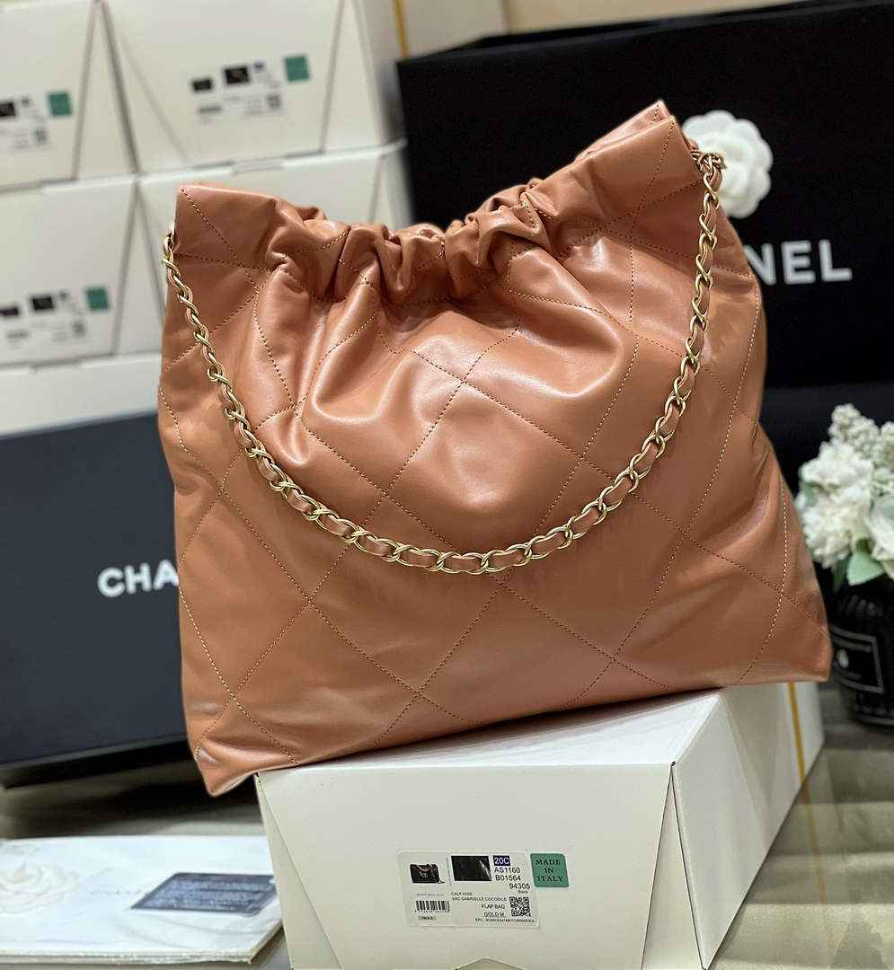 Chanel 22 Bag AS3261 Camel Shiny Calfskin Gold-Tone Metal