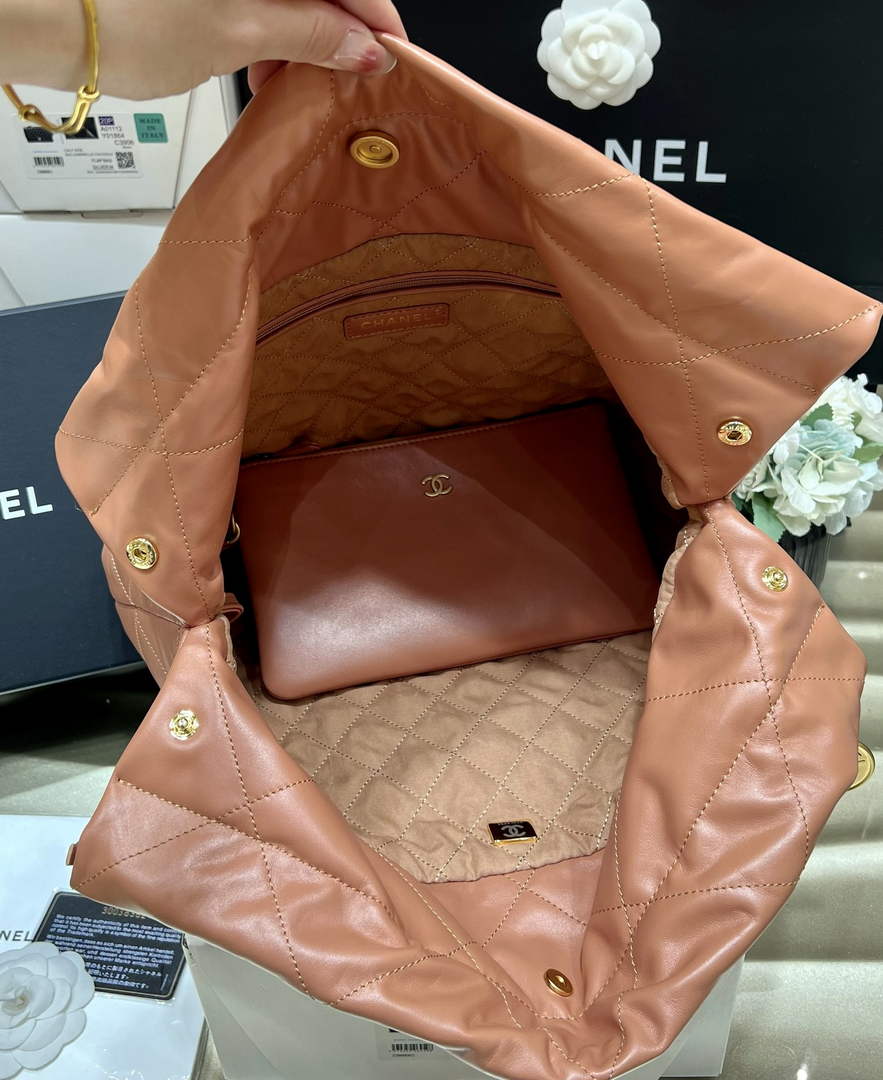 Chanel 22 Bag AS3261 Camel Shiny Calfskin Gold-Tone Metal