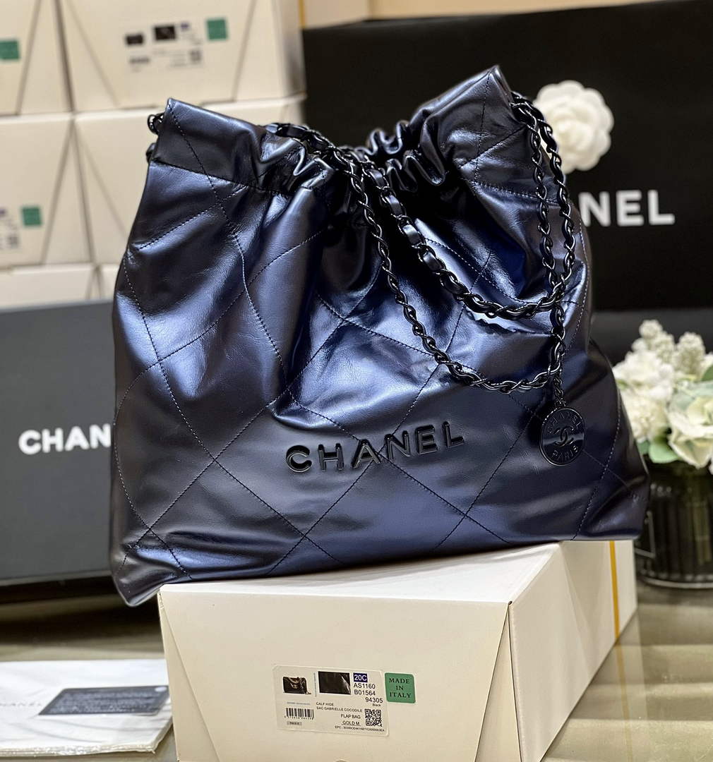 Chanel 22 Bag AS3261 Navy Blue Shiny Calfskin Black-Tone Metal