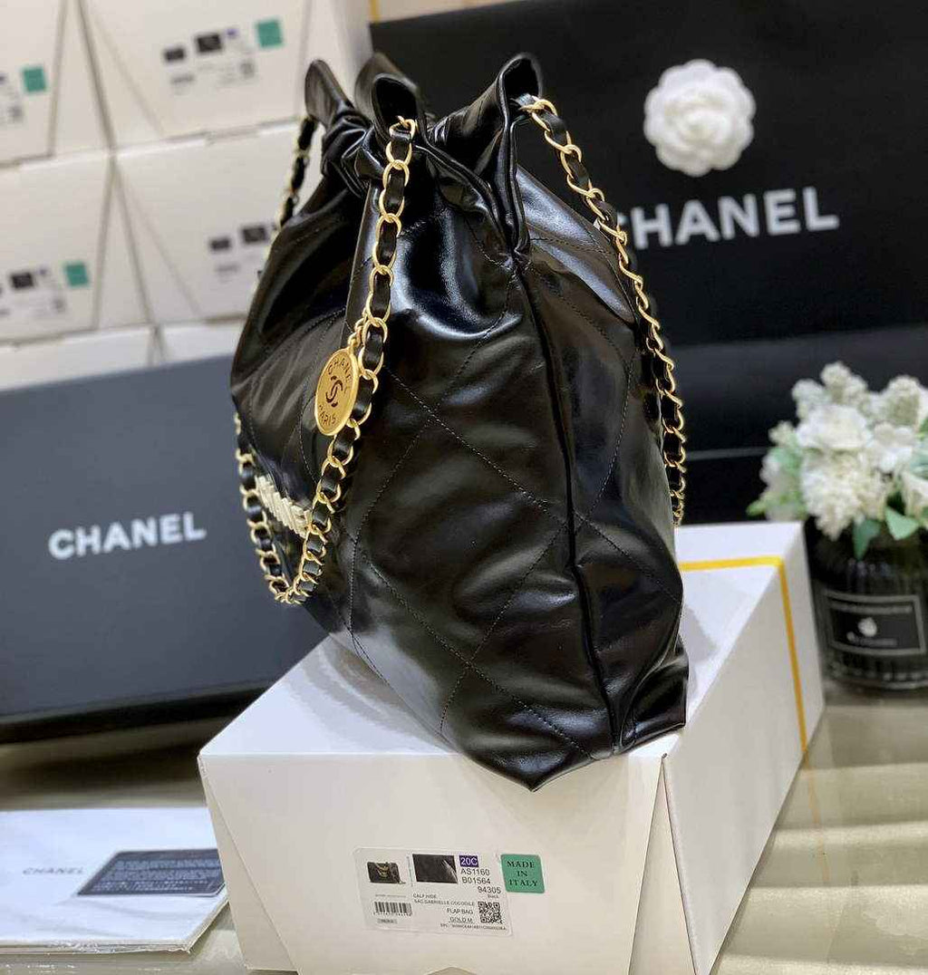 Chanel 22 Bag AS3261 Black Shiny Calfskin White-Tone Metal
