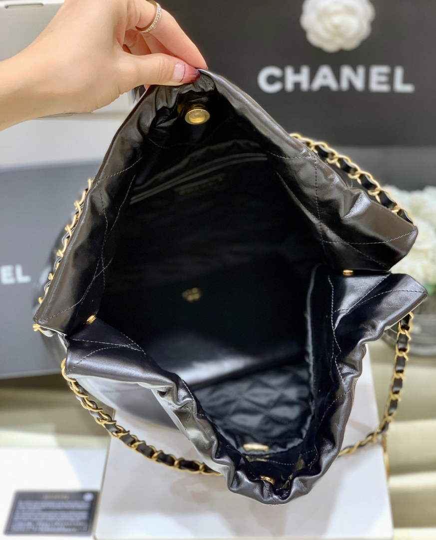 Chanel 22 Bag AS3261 Black Shiny Calfskin White-Tone Metal