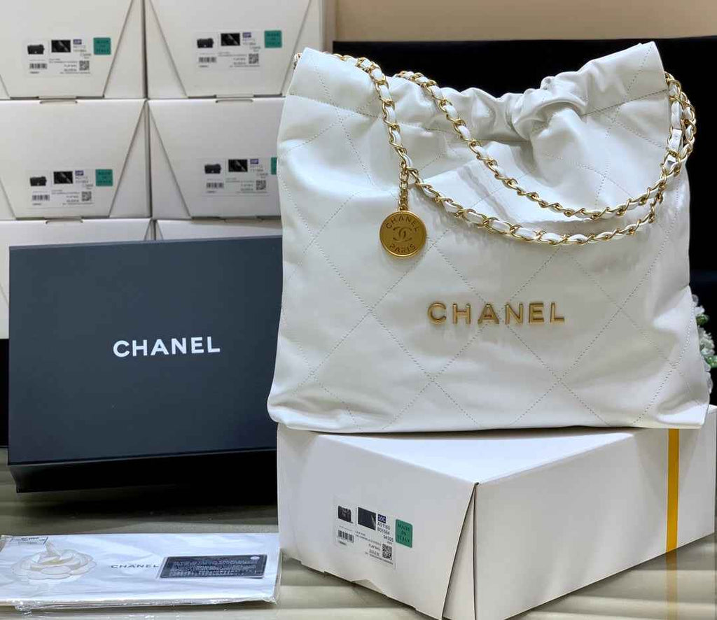 Chanel 22 Bag AS3261 White Shiny Calfskin Gold-Tone Metal