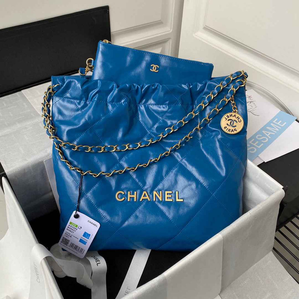 Chanel 22 Small Handbag AS3260 Shiny Calfskin Gold-Tone Metal Blue