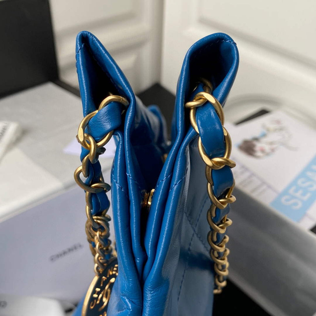 Chanel 22 Small Handbag AS3260 Shiny Calfskin Gold-Tone Metal Blue