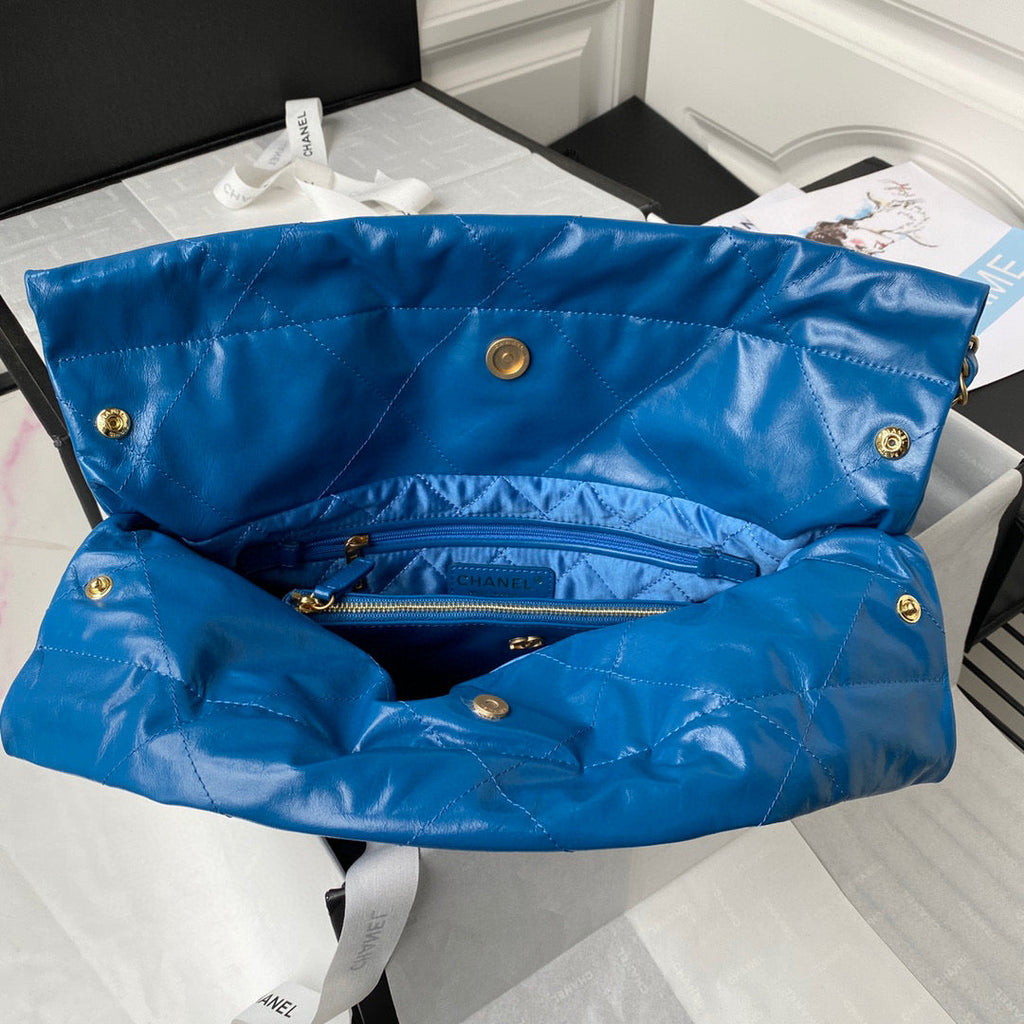 Chanel 22 Small Handbag AS3260 Shiny Calfskin Gold-Tone Metal Blue