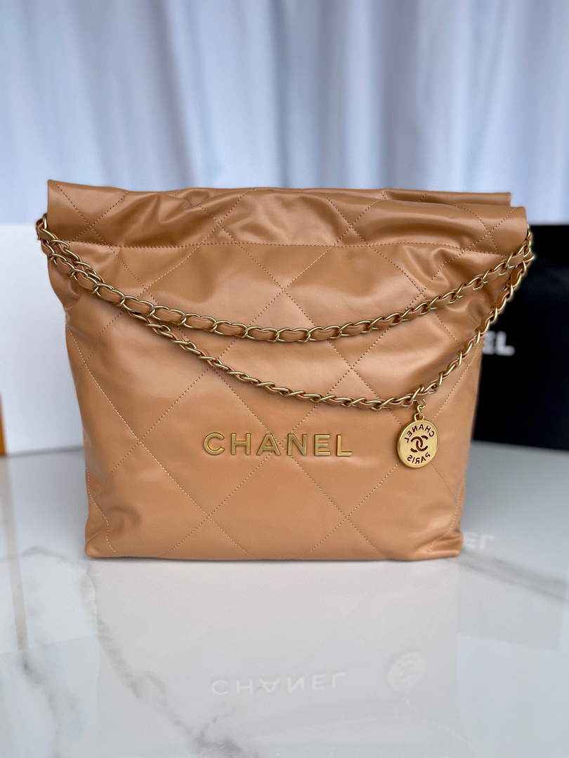 Chanel 22 Small Handbag AS3260 Shiny Calfskin Gold-Tone Metal Camel
