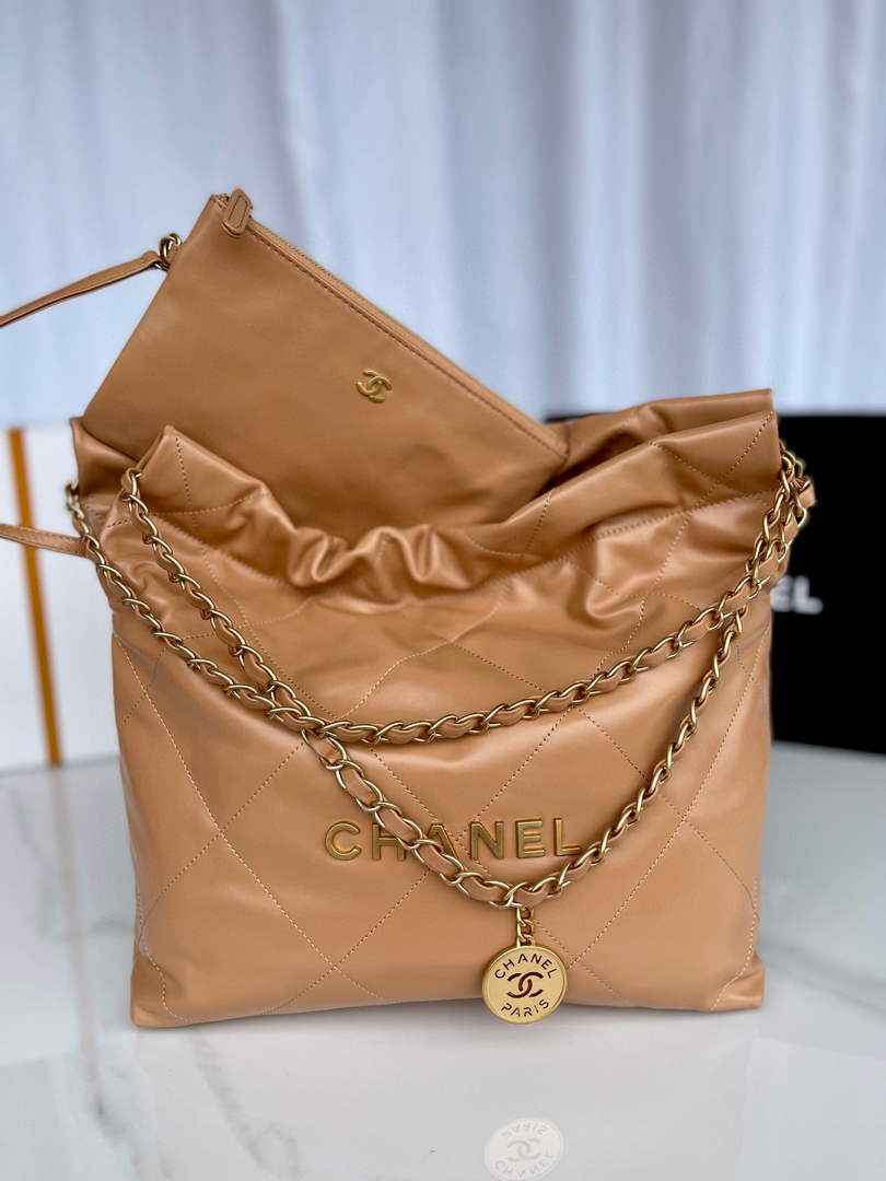 Chanel 22 Small Handbag AS3260 Shiny Calfskin Gold-Tone Metal Camel