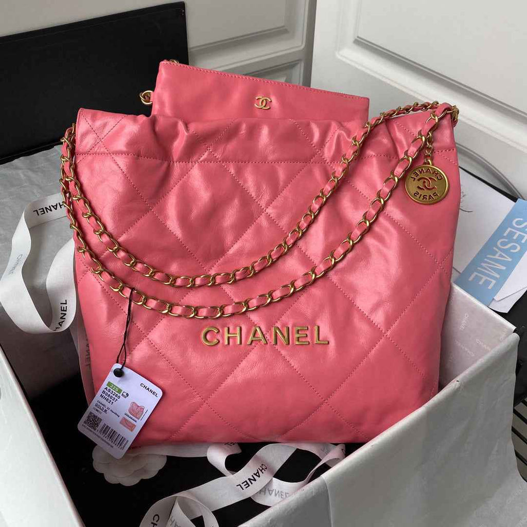 Chanel 22 Small Handbag AS3260 Shiny Calfskin Gold-Tone Metal Coral Pink